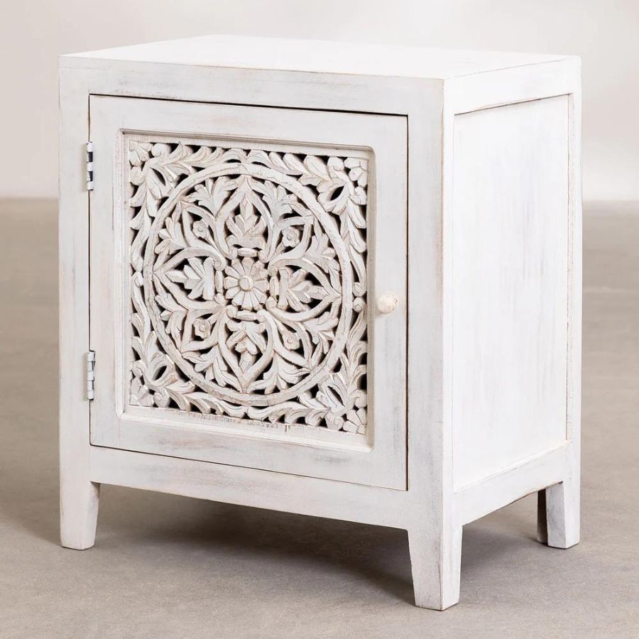 Hand Carved White Bedside Table - NikTan Export