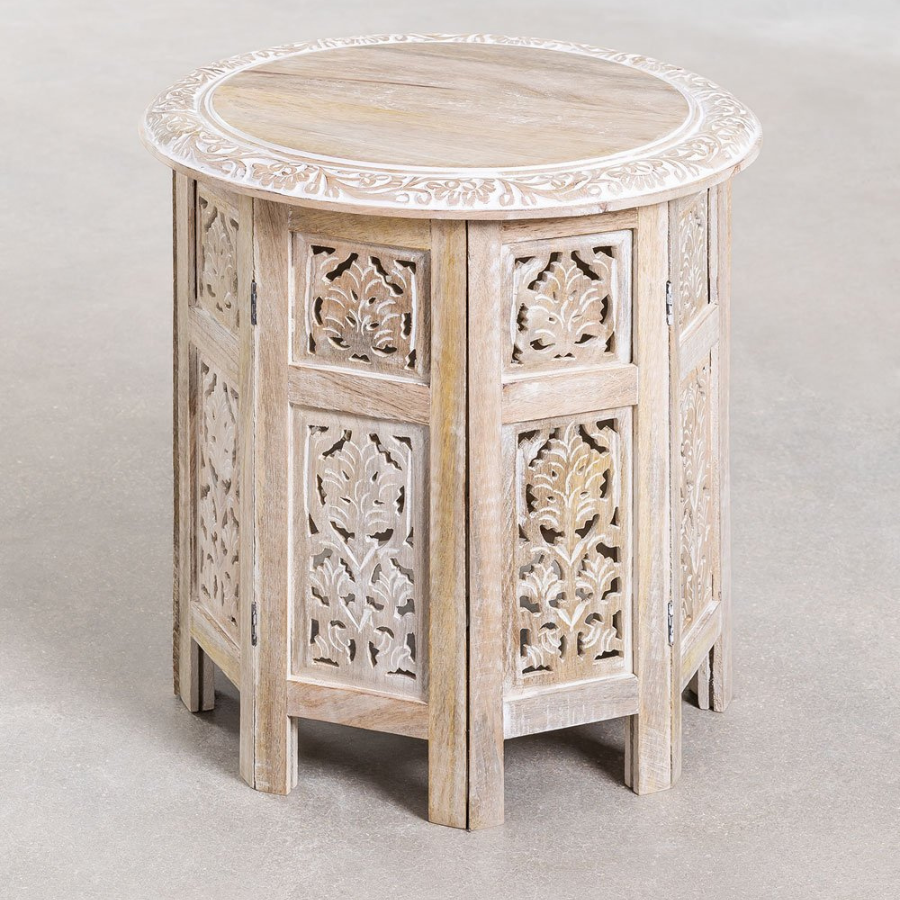 Handcarving Folding BedSide Table in Mango Wood - NikTan Export