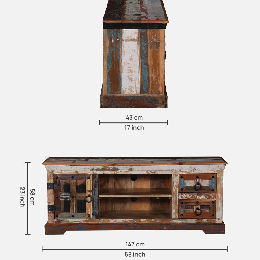 Jhalamand Reclaimed Wood TV Console In Distress Finish - NikTan Export