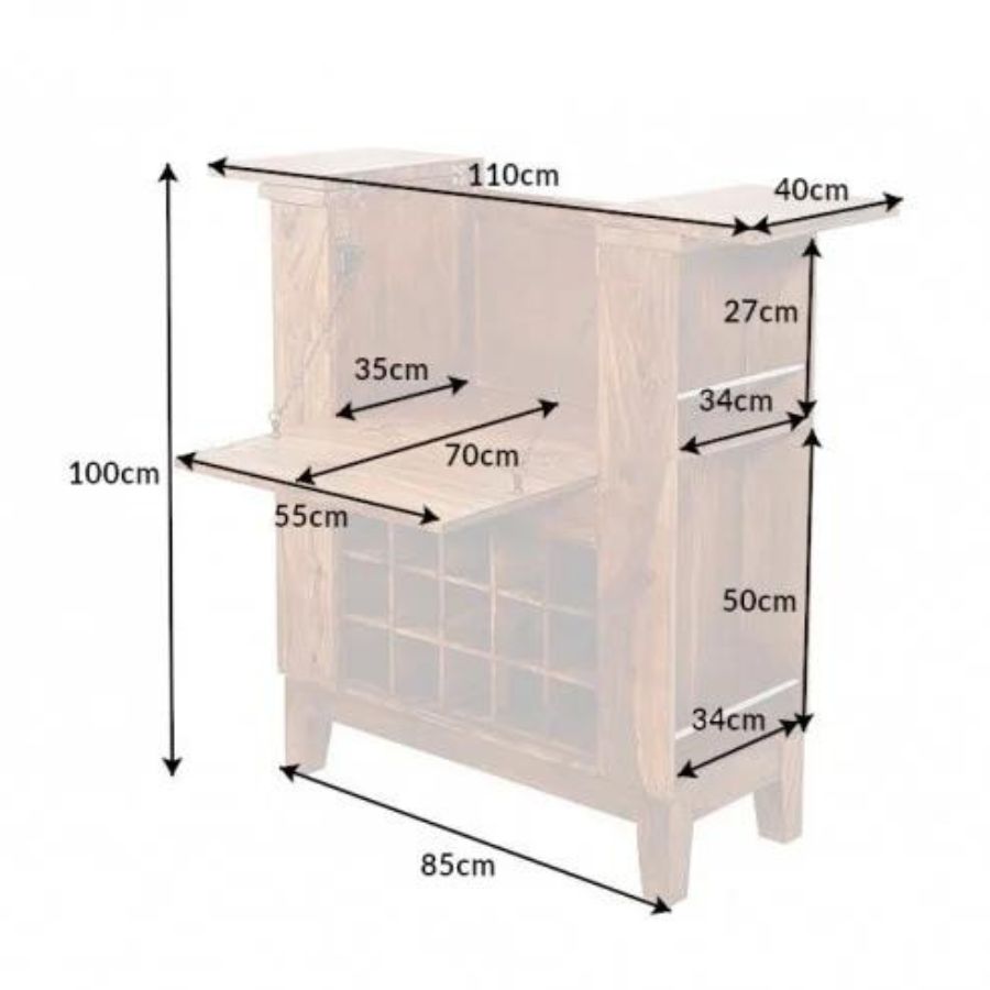 Sheesham Solid Wood Bar Cabinet MAKASSAR 85cm Stone Finish