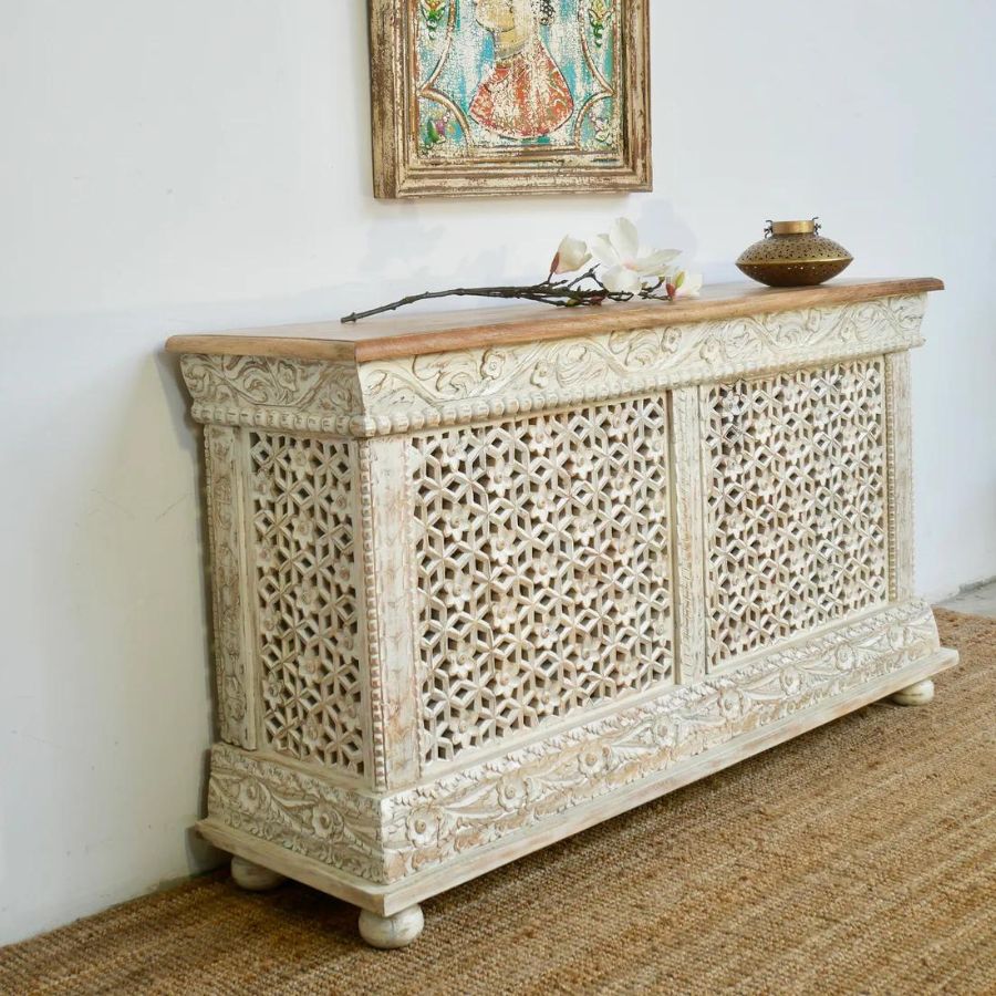 HandCarved White Finish Sideboard - NikTan Export