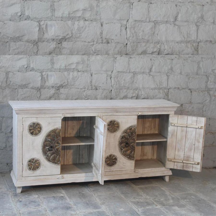 Brass Fitted White Distressed Sideboard - NikTan Export