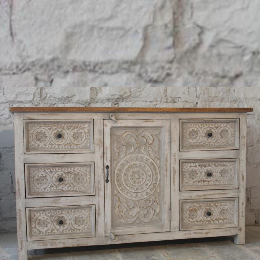 Hand Carved Floral Indian Sideboard - NikTan Export