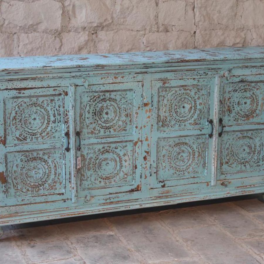 Ghera Style Carved Blue Antique Sideboard - NikTan Export