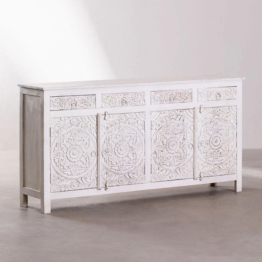 Floral Design White Distress Finish Sideboard - NikTan Export