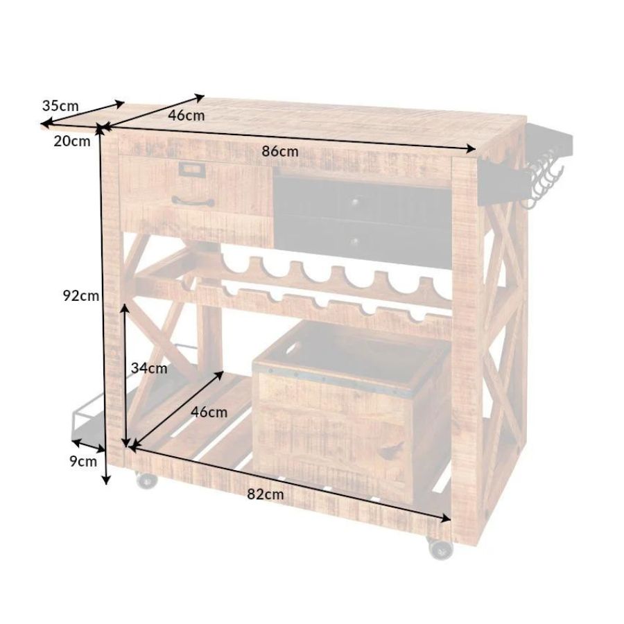 Industrial Bar Cabinet BODEGA 86cm Mango Wood Serving Trolley - NikTan Export