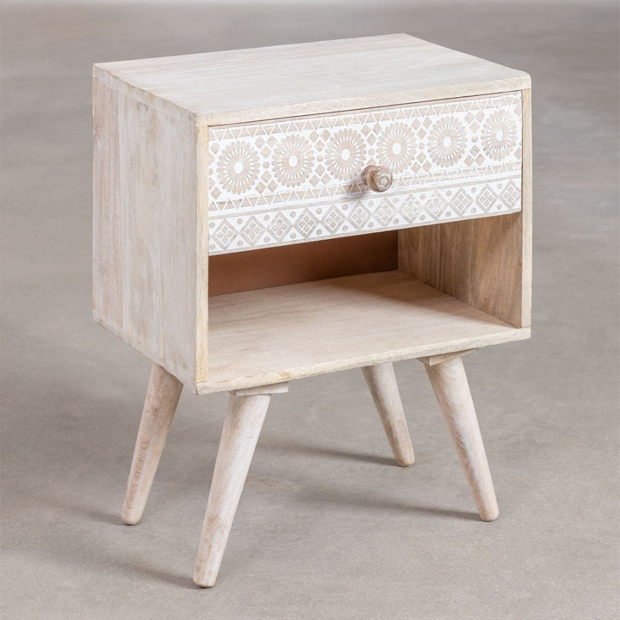 Handcarving Wood Bedside Table - NikTan Export