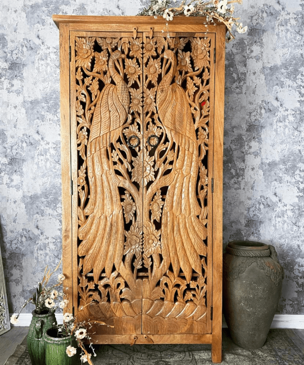 Niktan Export Majestic Peacock Carving Work Hand Carved Armoire - NikTan Export