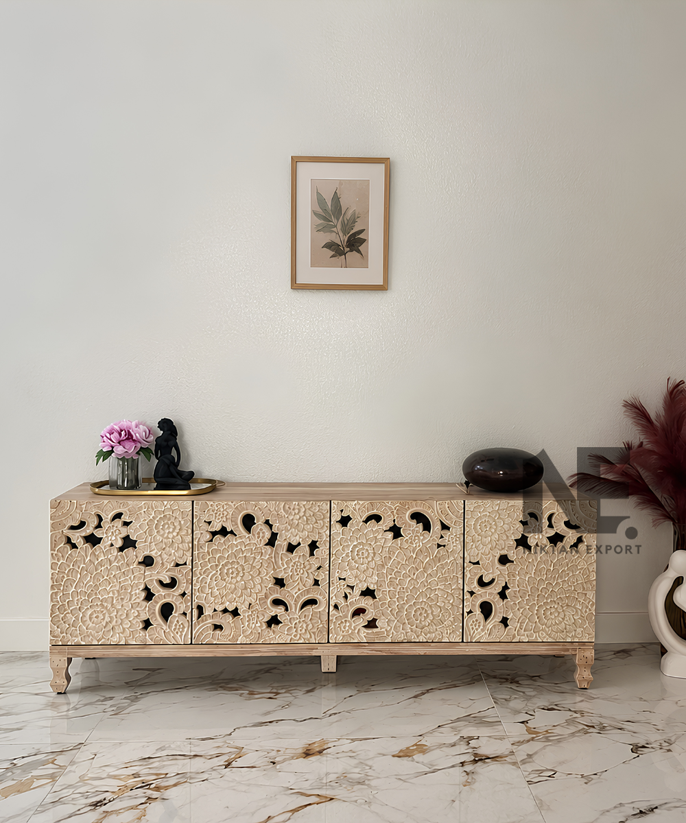 Ivory floral carved wooden sideboard with four cabinet doors