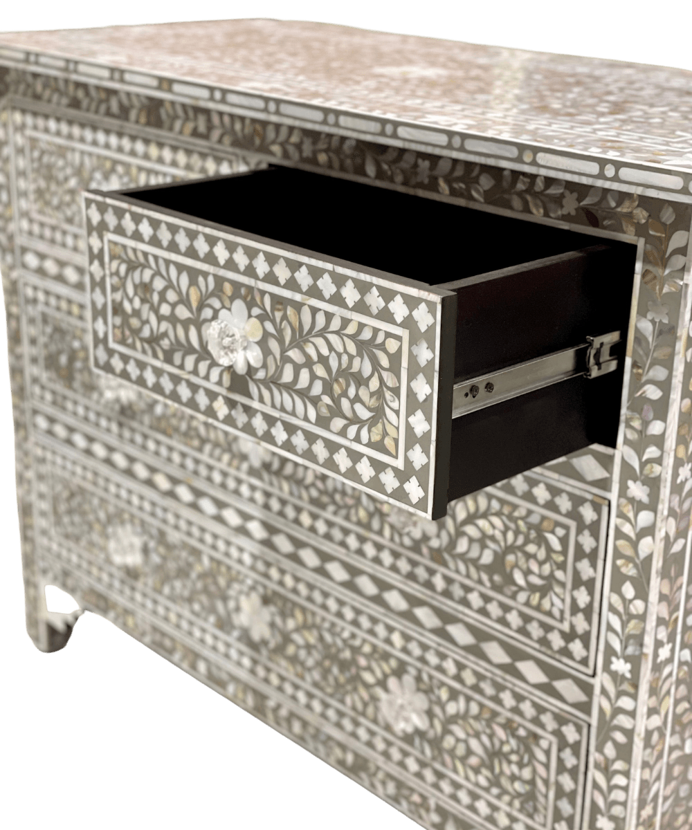 Niktan Export Mother of Pearl 4 Chest of Drawers Grey Floral - NikTan Export