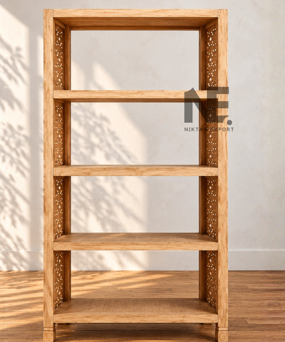 Hand-Carved Wooden Bookcase with 4 Open Shelves