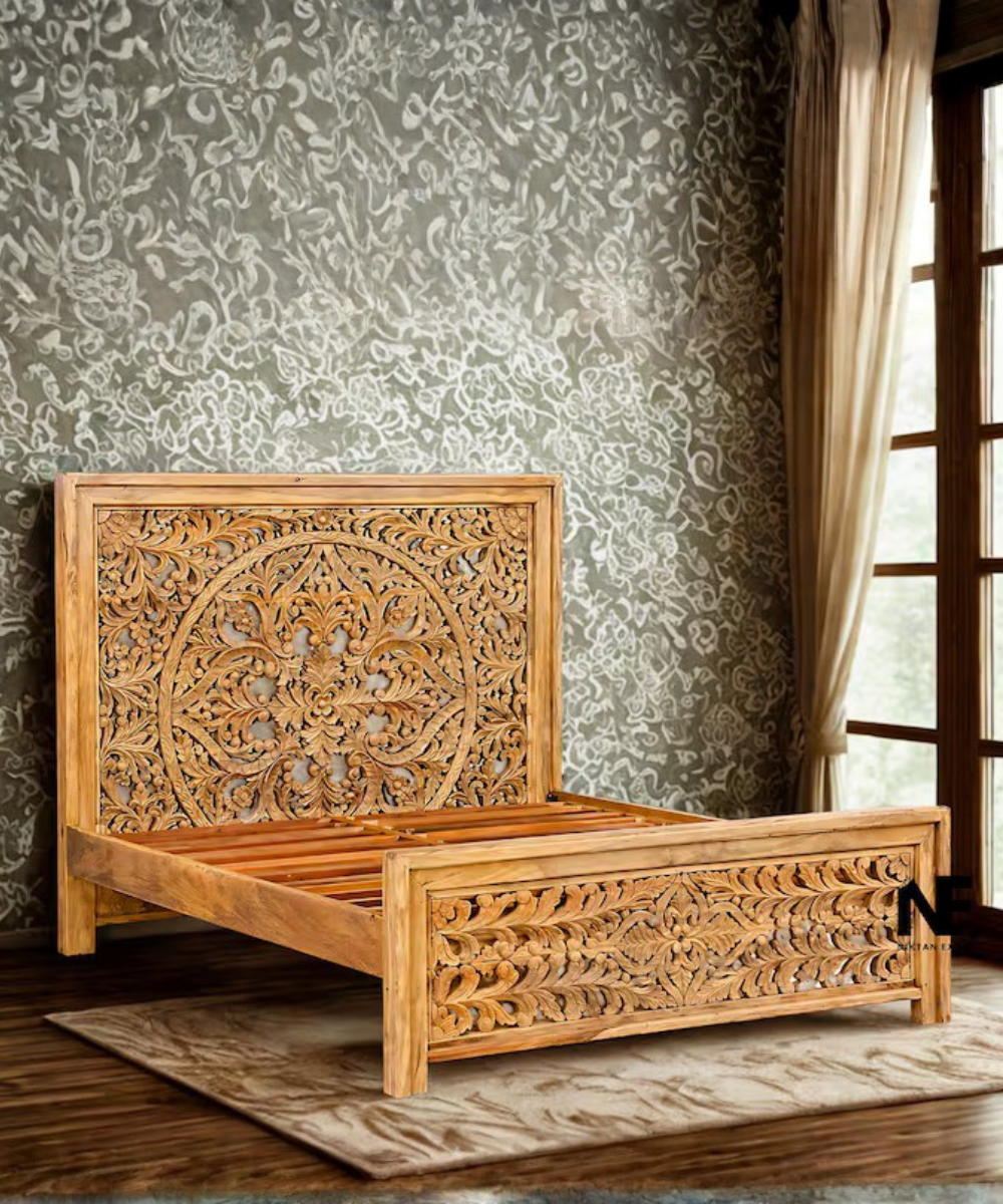 Hand carved mango wood bed with ornate wooden headboard