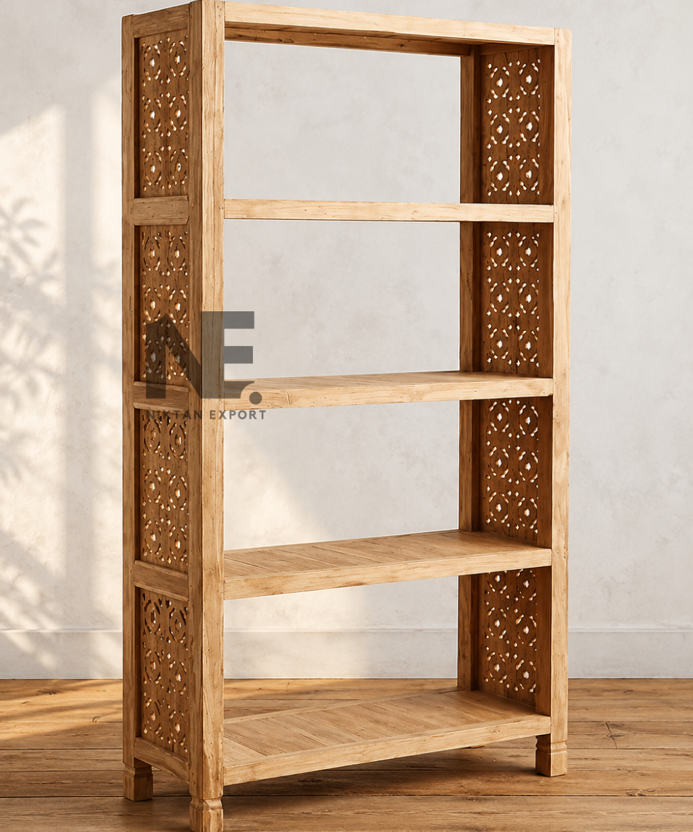 Hand-Carved Wooden Bookcase with 4 Open Shelves