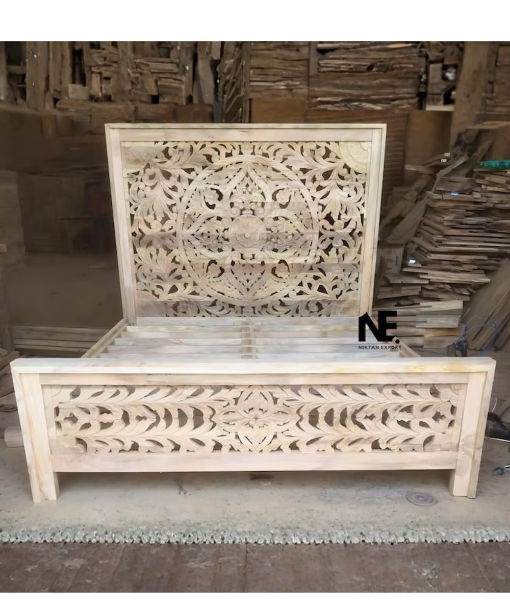 Solid mango wood King bed frame with carved headboard
