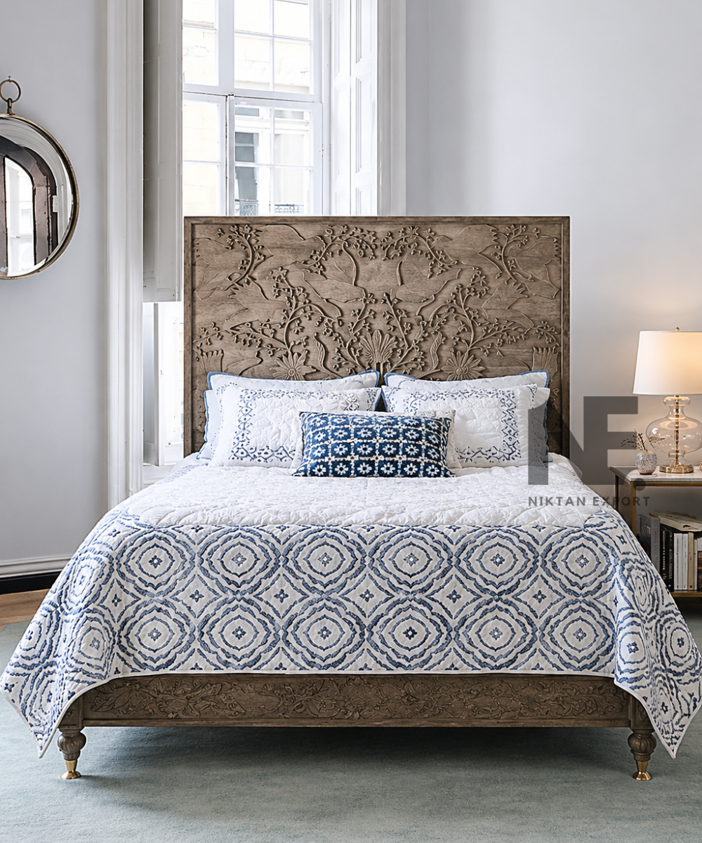 Hand-carved wooden bed frame with floral headboard