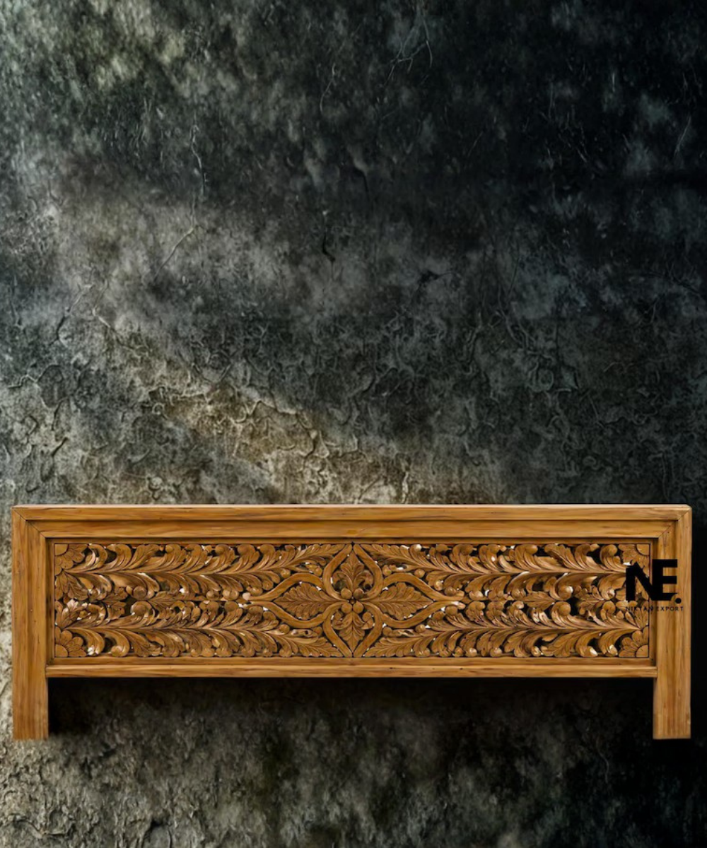 Handmade Indian mango wood bed with detailed carving