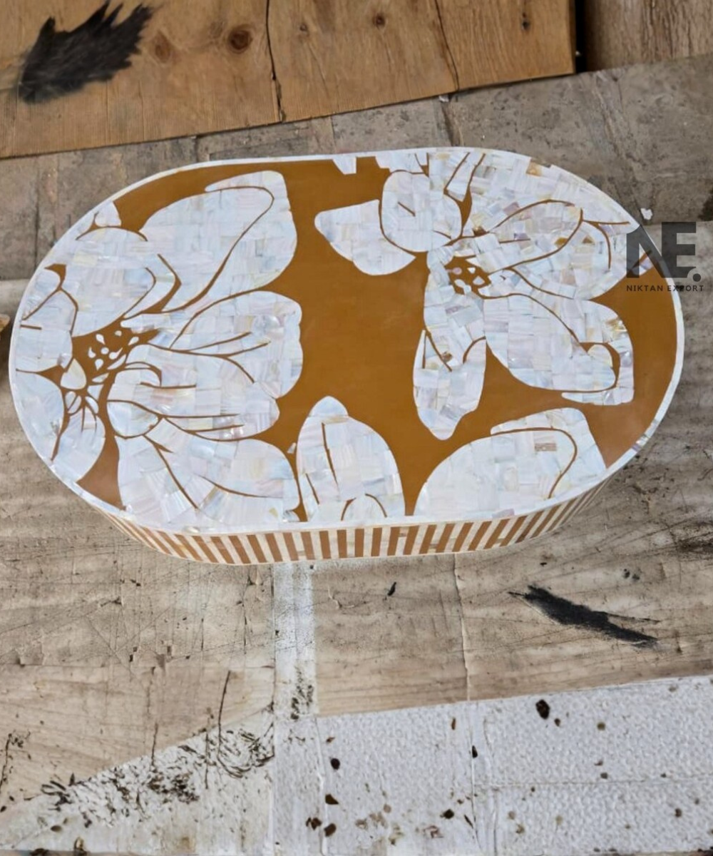 Handcrafted shell inlay oval coffee table