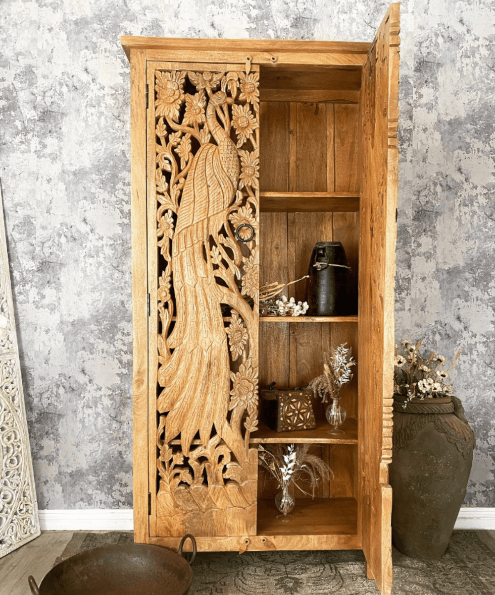 Niktan Export Majestic Peacock Carving Work Hand Carved Armoire - NikTan Export