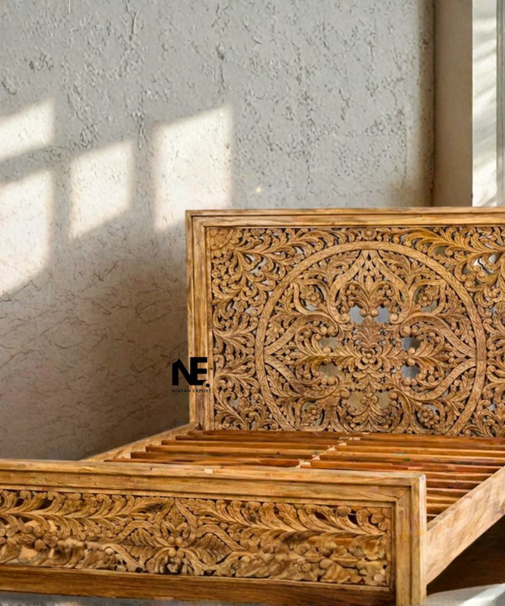 Hand carved wooden bed with matching footboard