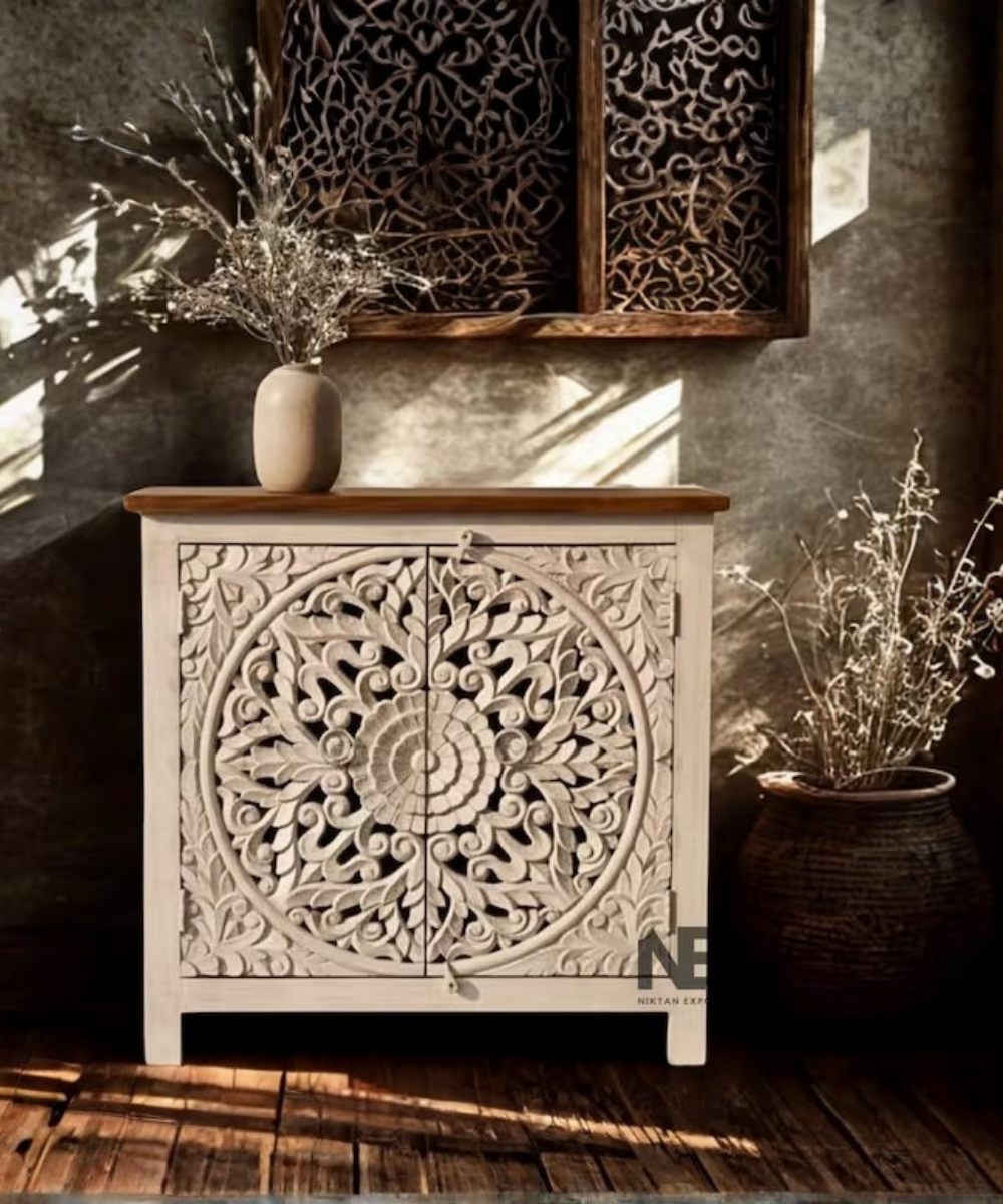 Hand carved mango wood mandala sideboard