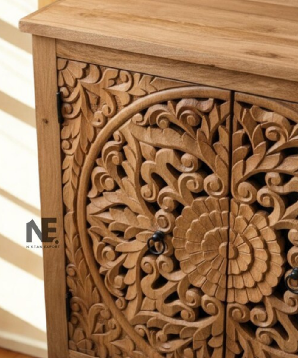Whitewashed carved mango wood storage cabinet