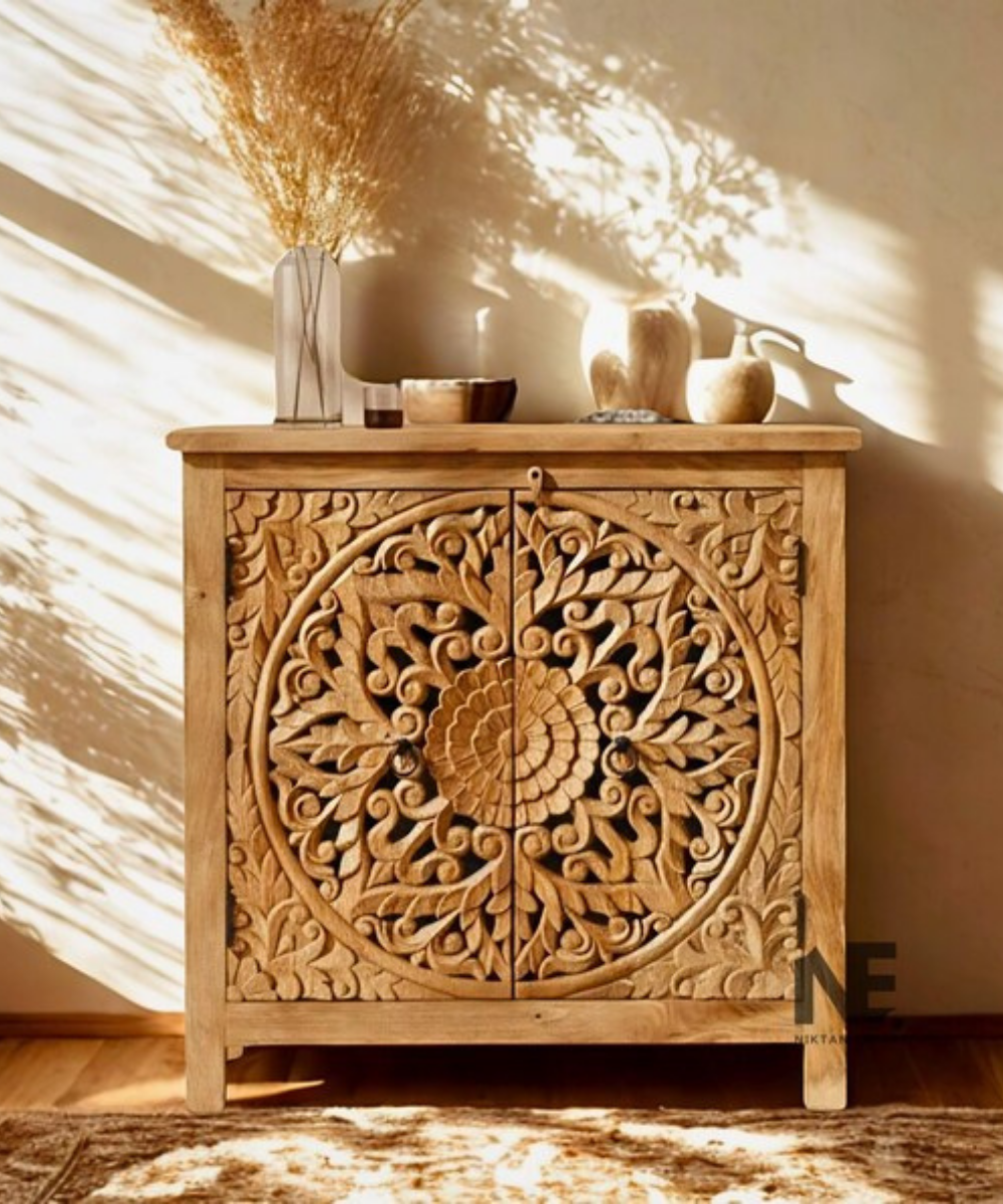 Mandala carved wooden sideboard for living room