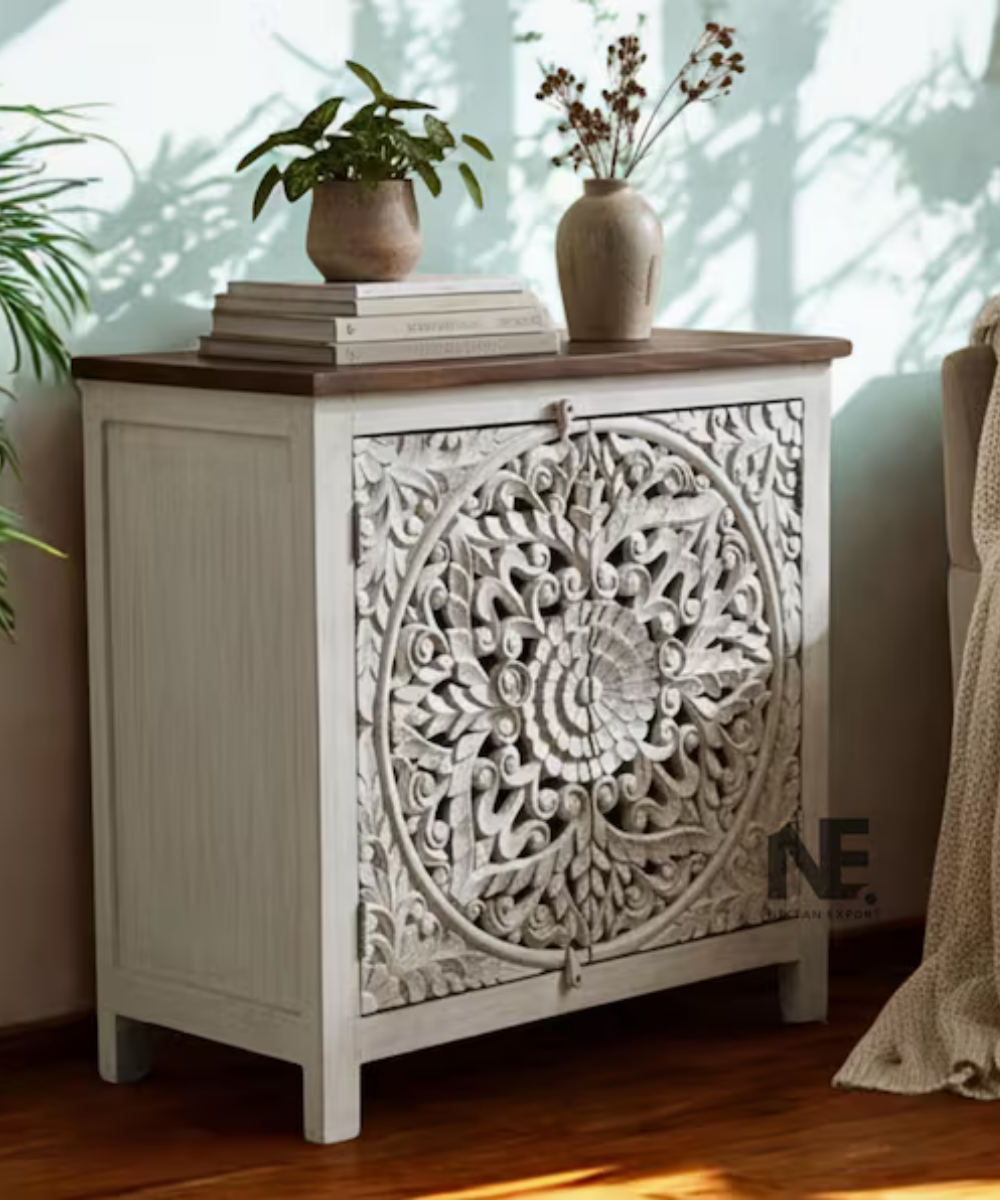 Whitewashed mango wood sideboard with mandala carving