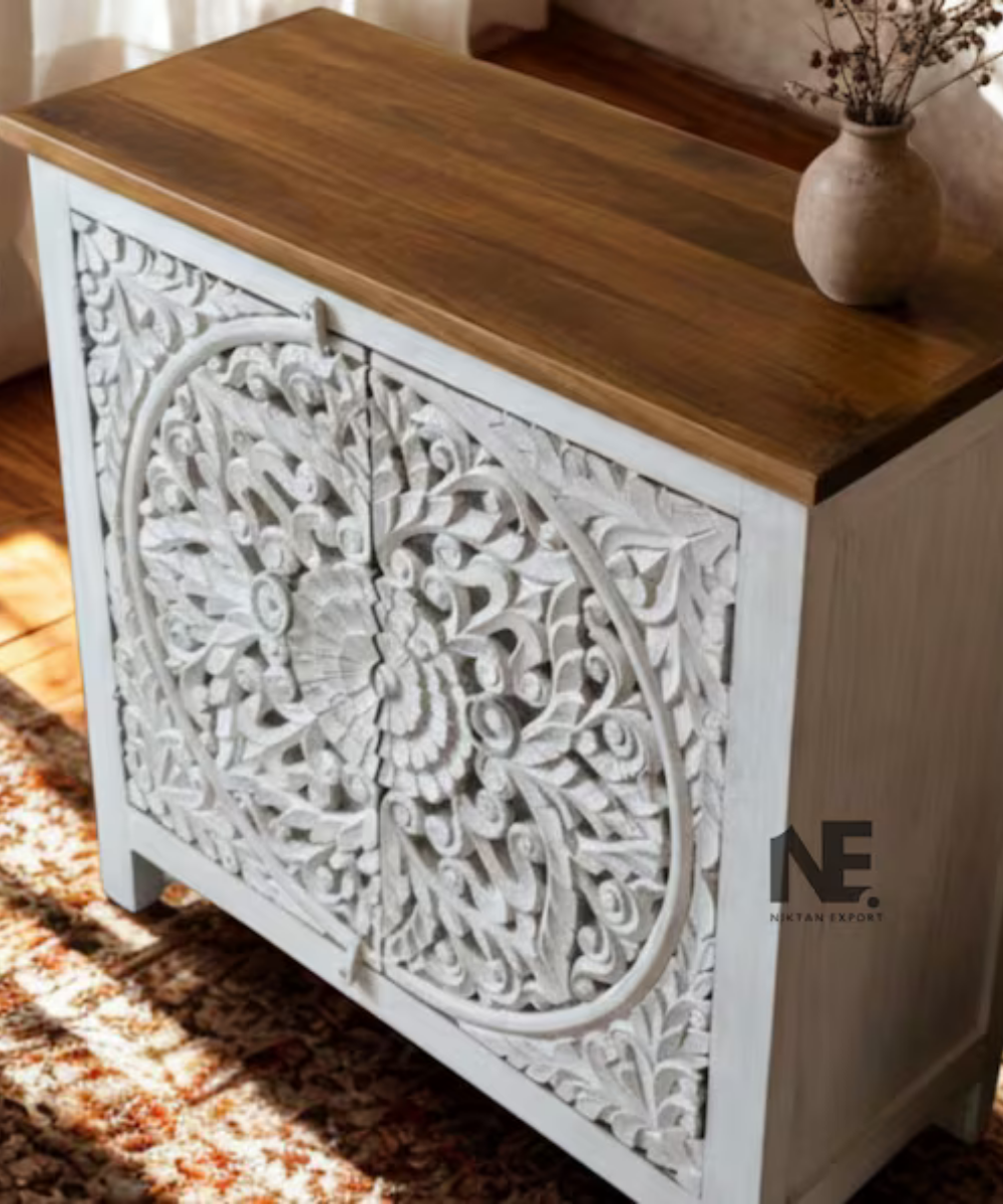 Handmade mango wood storage cabinet with carved design