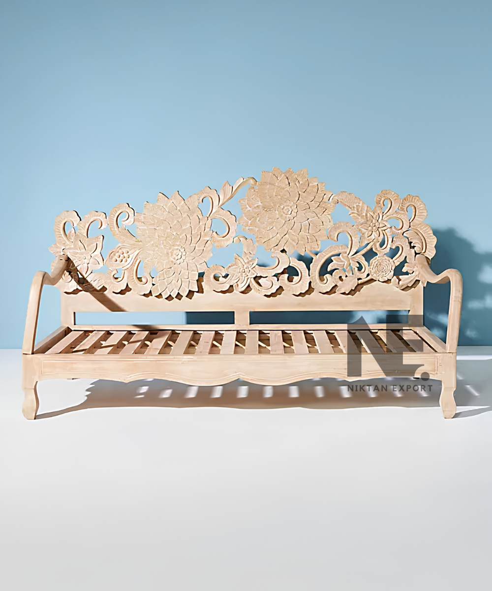 Light wood daybed with decorative carved backrest