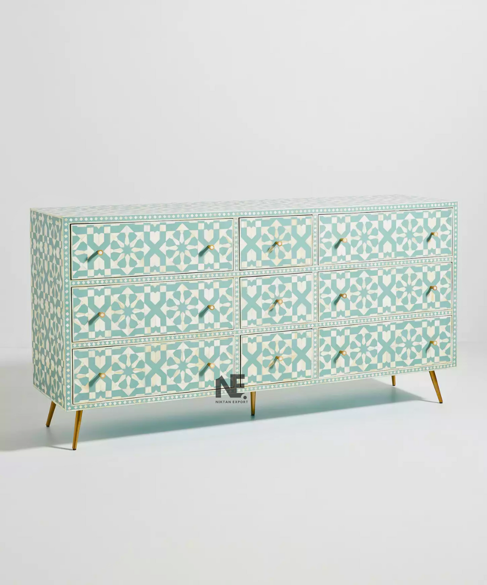 Angled view showing detailed Moroccan inlay patterns