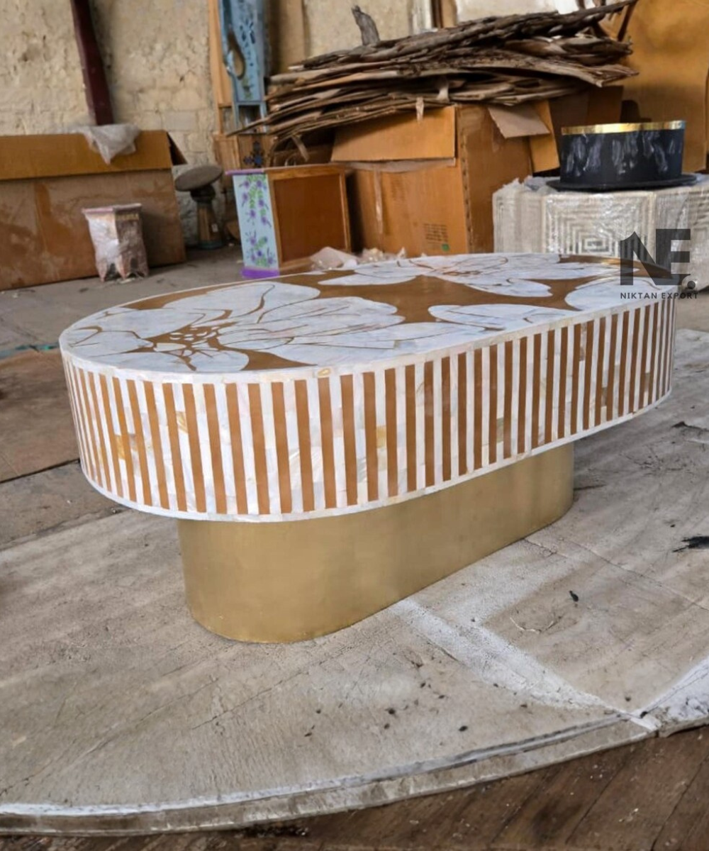 Handmade mother of pearl oval coffee table