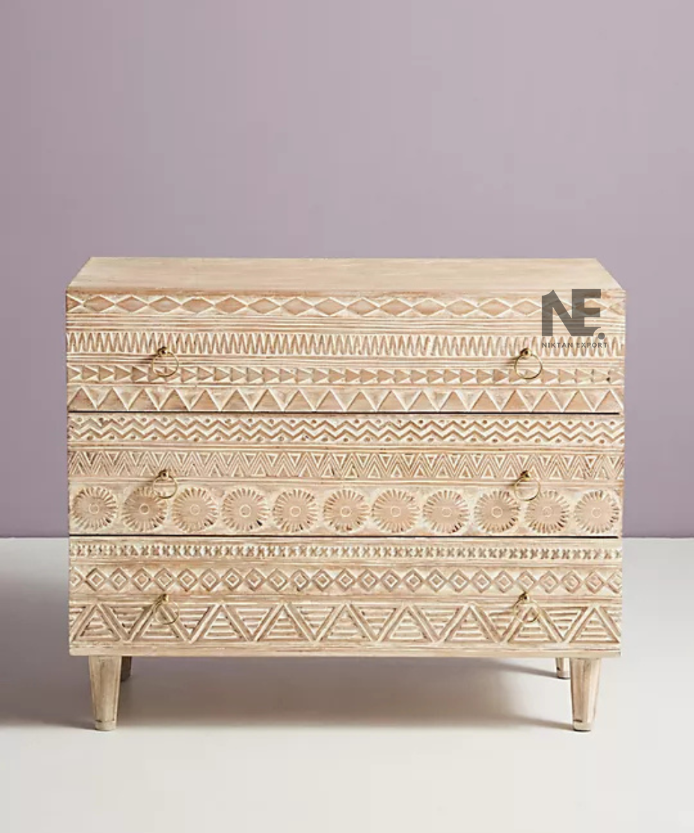 Light wood dresser with decorative gold-tone ring pulls