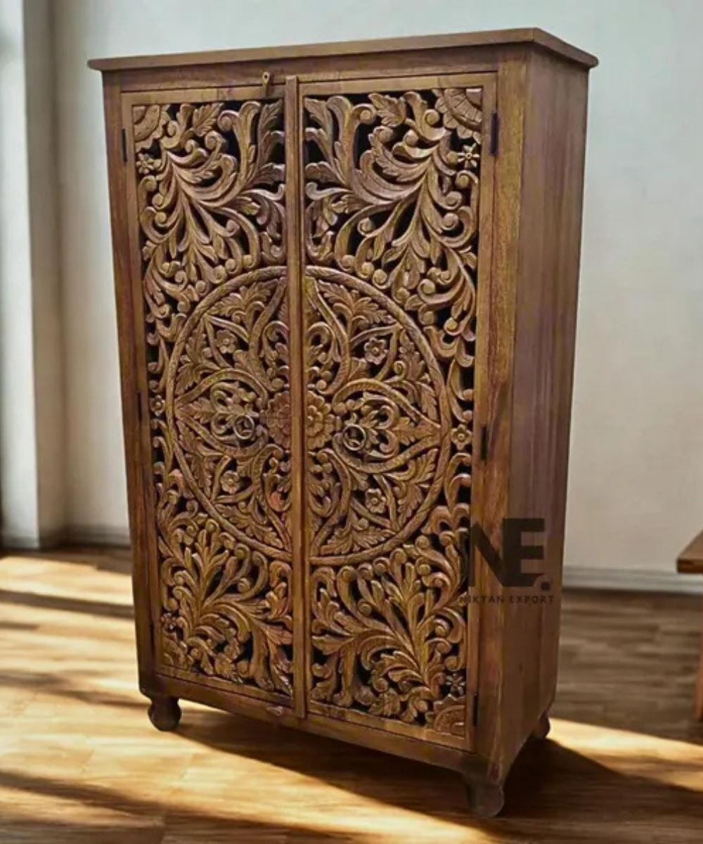 hand carved wooden wardrobe with floral design