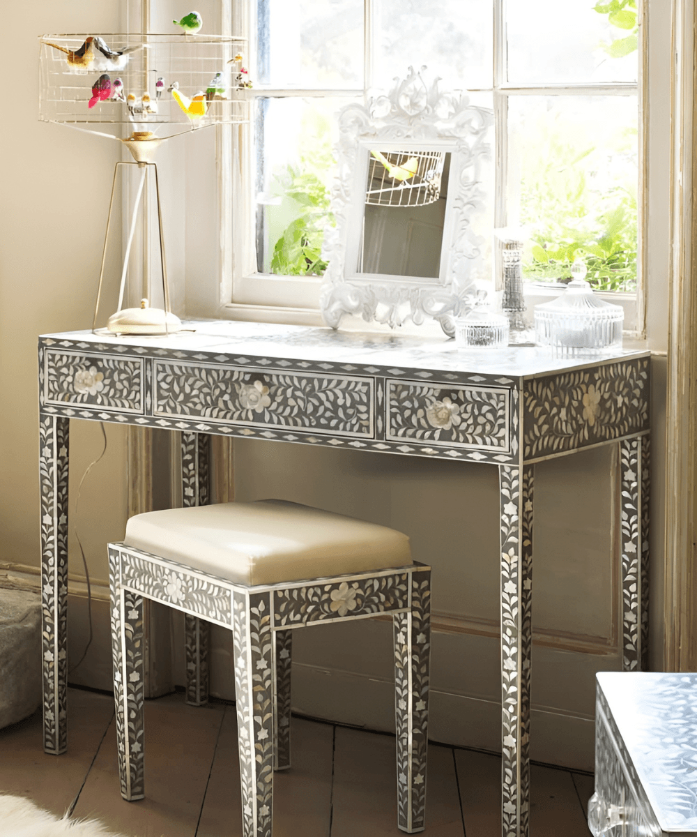 Niktan Export Mother of Pearl Inlay with Elegant Grey Mango Wood Dressing Table Set - NikTan Export