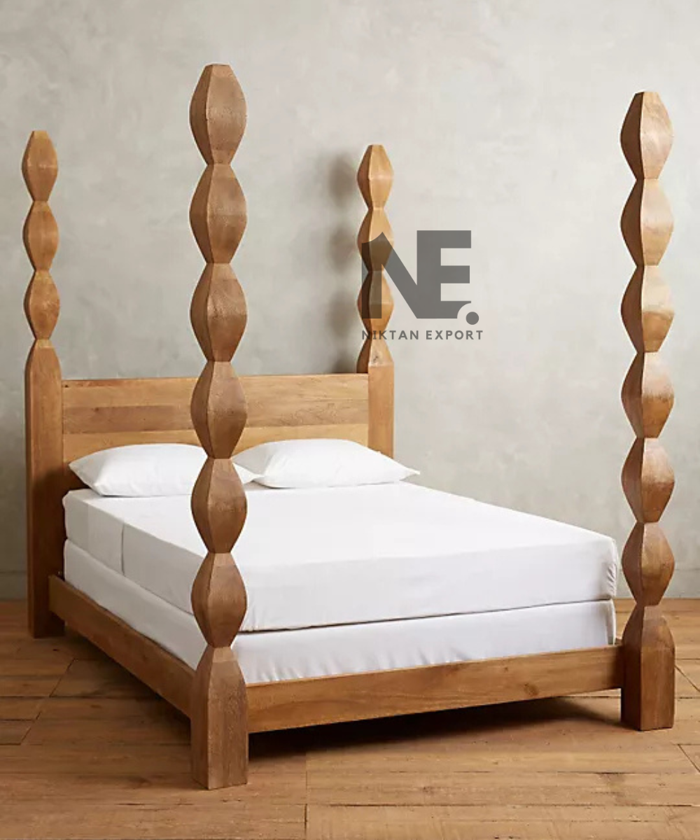 Wooden bed frame with distinctive sculpted posts