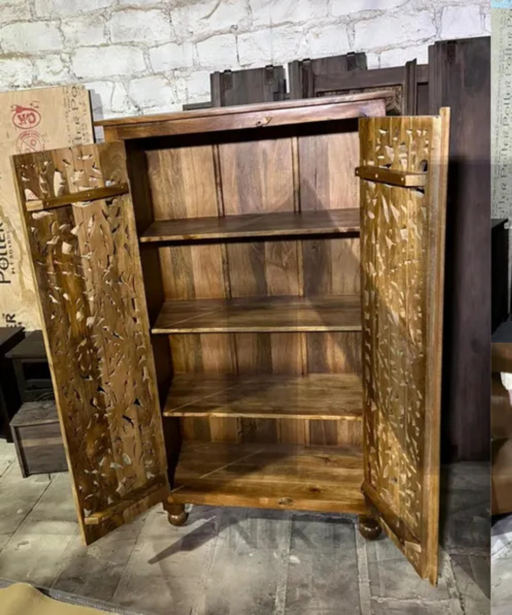 handmade Indian wooden wardrobe with carved doors