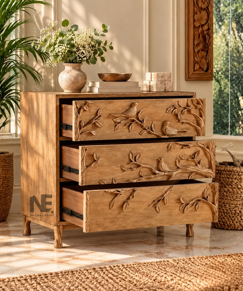 Bird carved wooden dresser