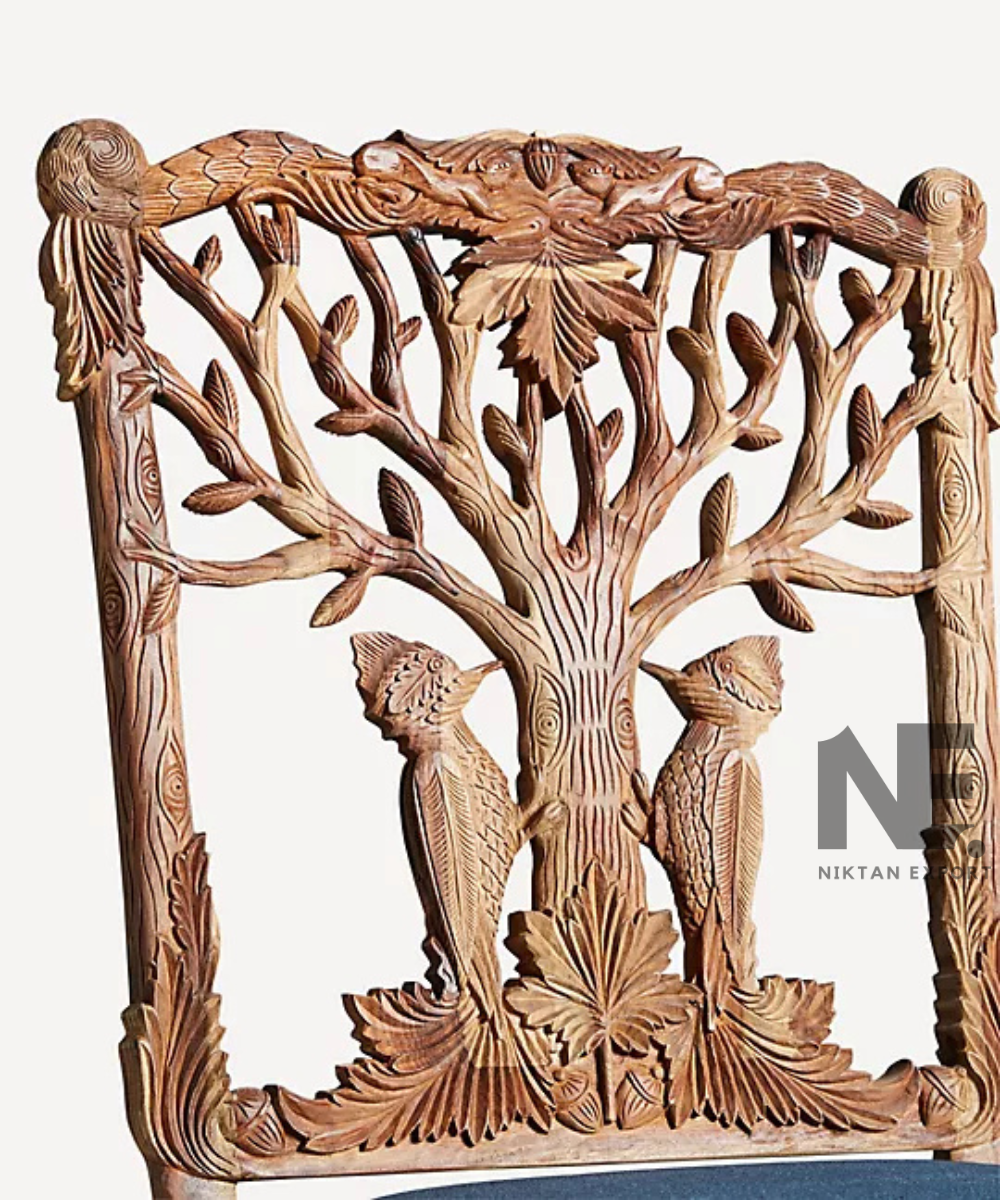 Close-up of carved wooden chair backrest