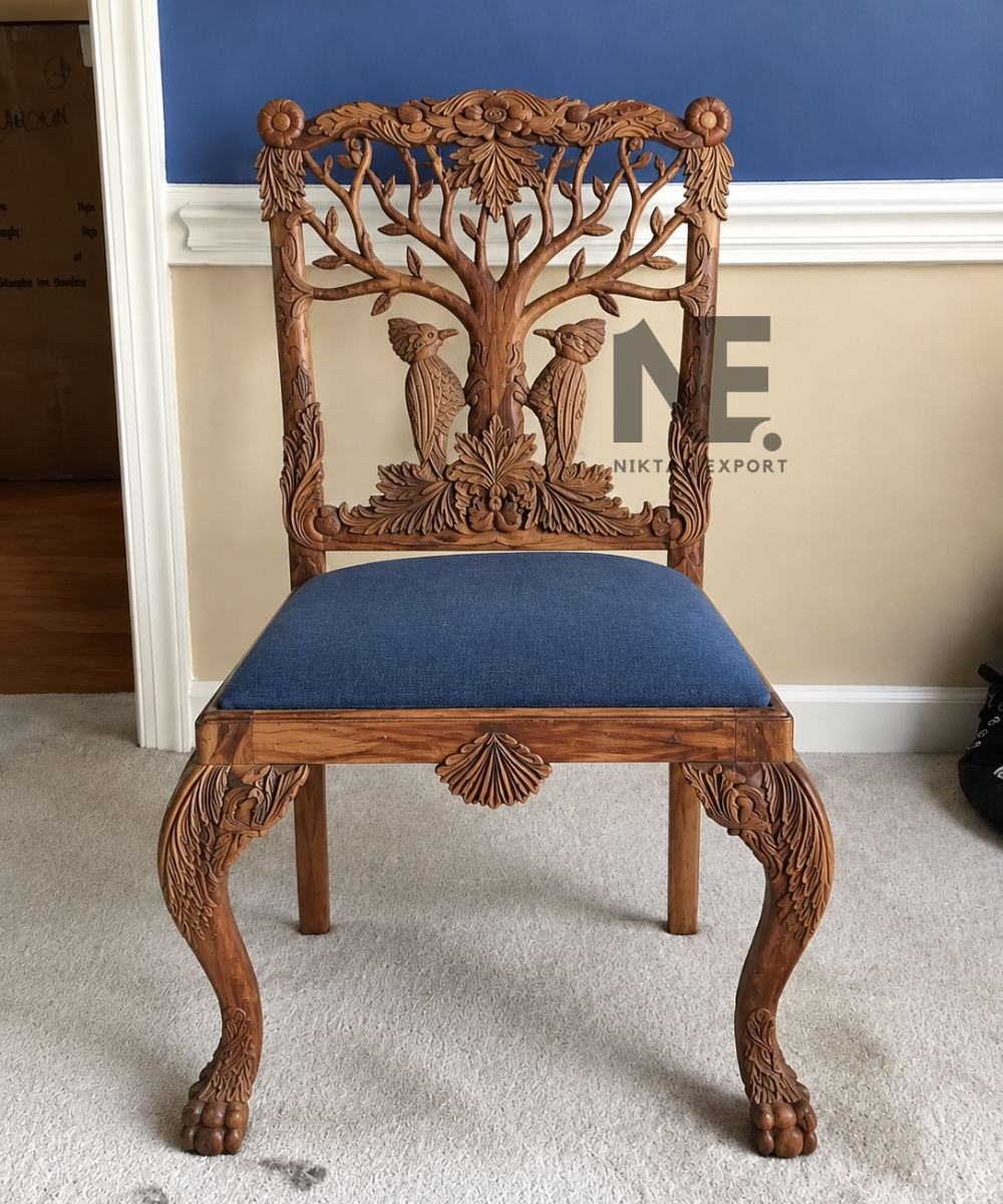 Hand-carved wooden dining chair with tree and bird backrest