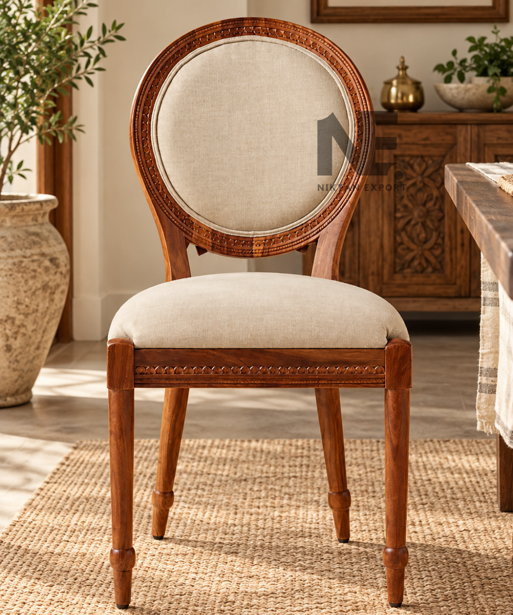 Hand-carved wooden dining chair with tree and bird backrest