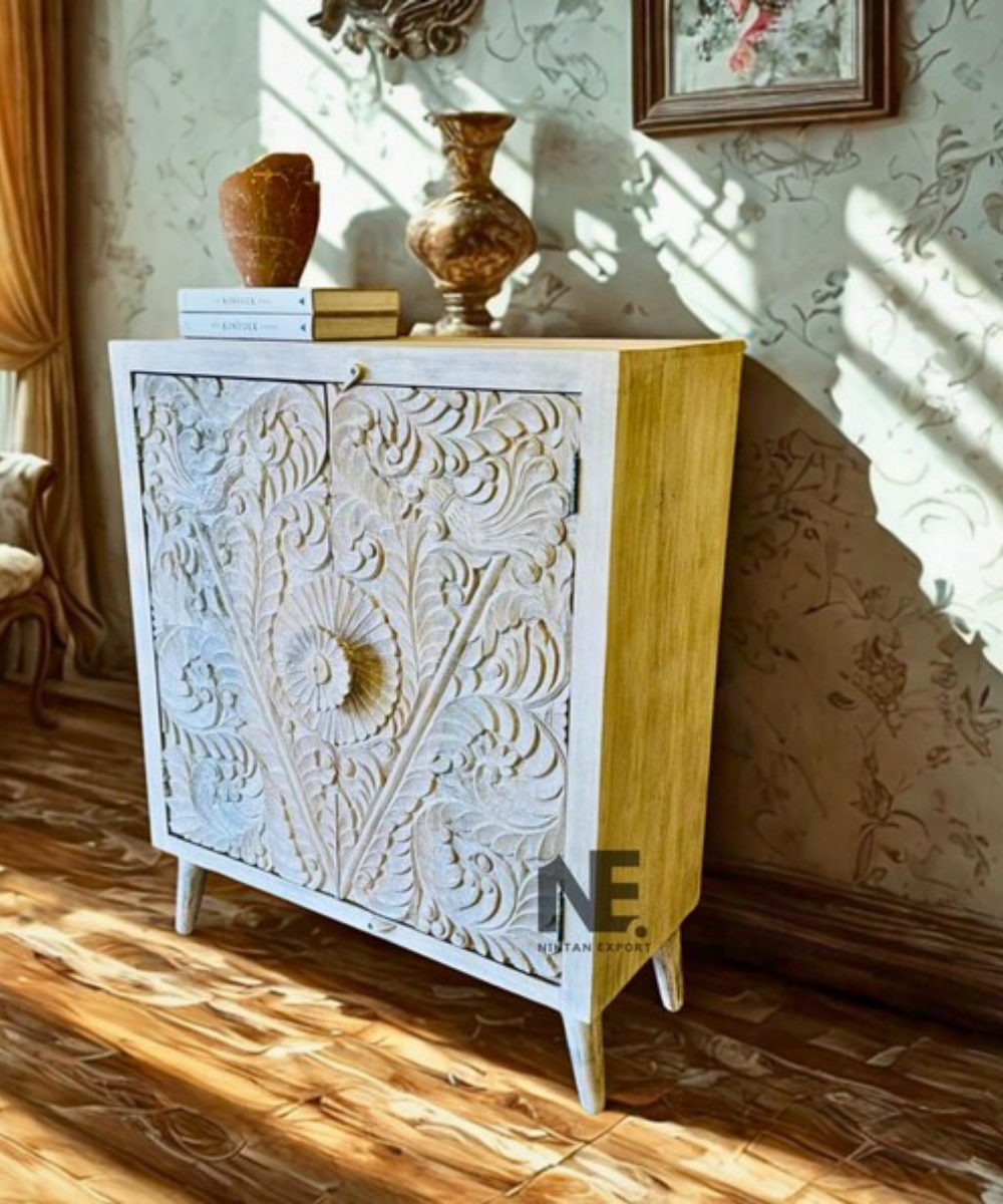 whitewashed mango wood cabinet with floral carving