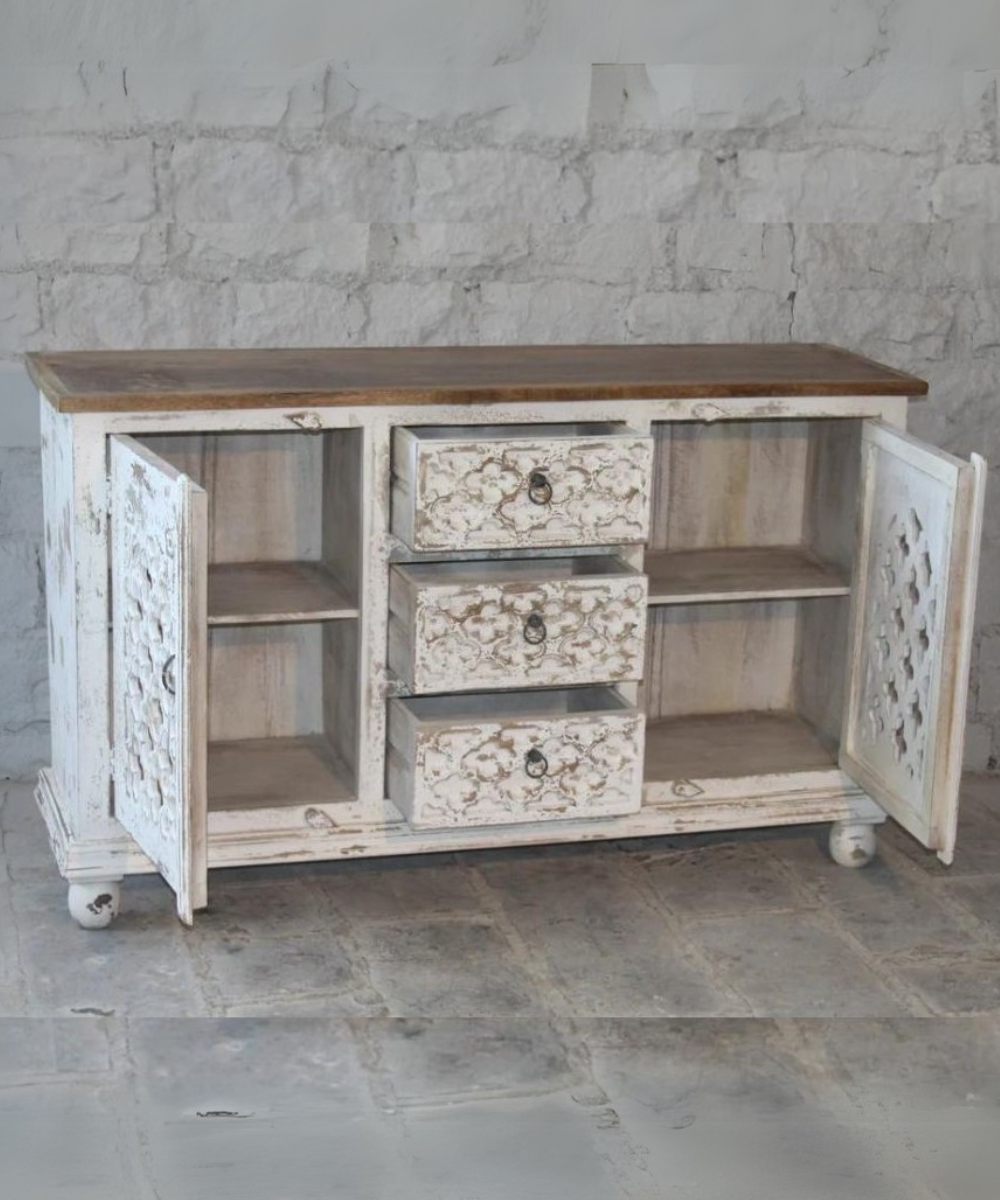 Hand Carved Wooden Sideboard with Storage – Angled Shot
