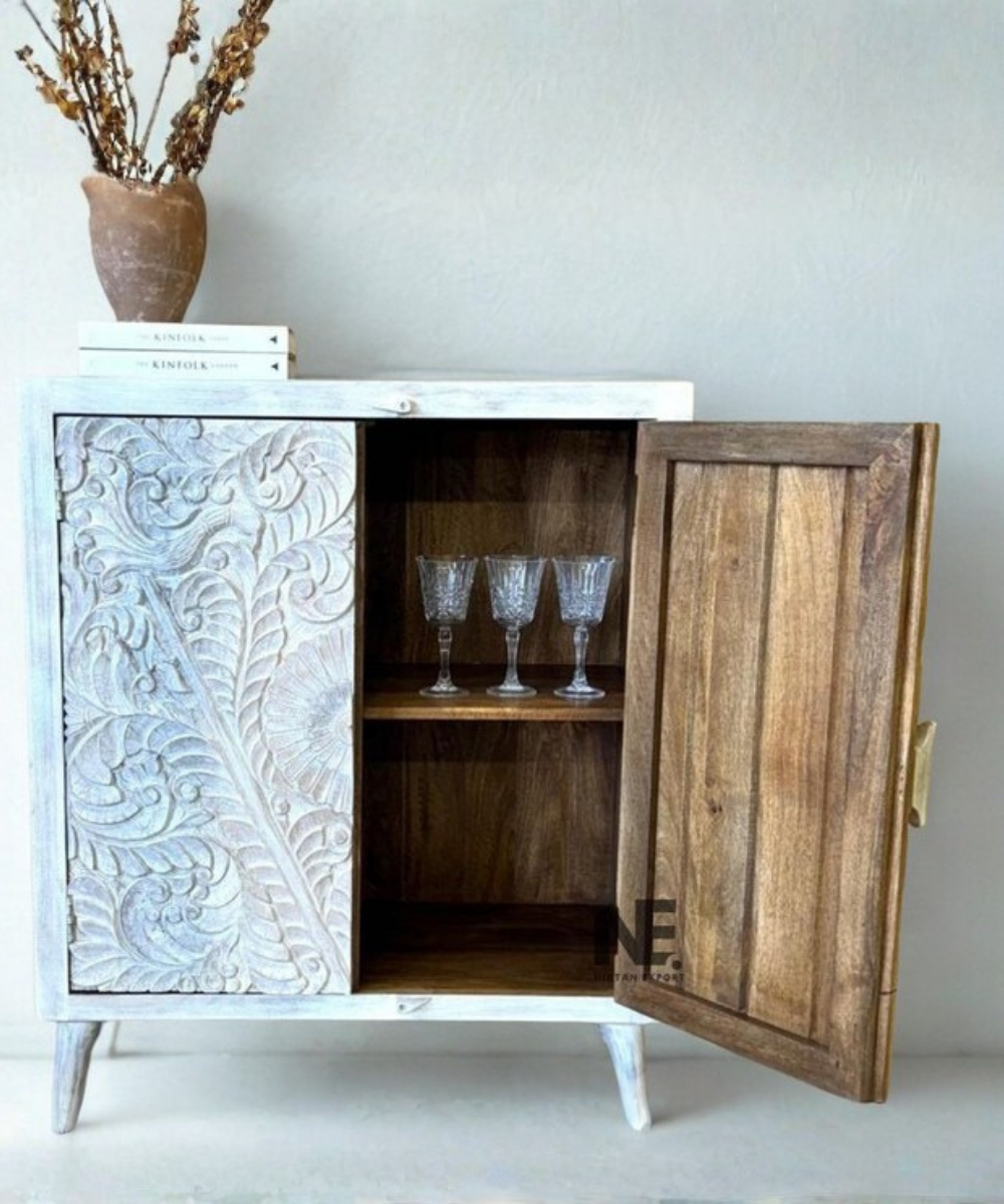 hand carved wooden storage cabinet