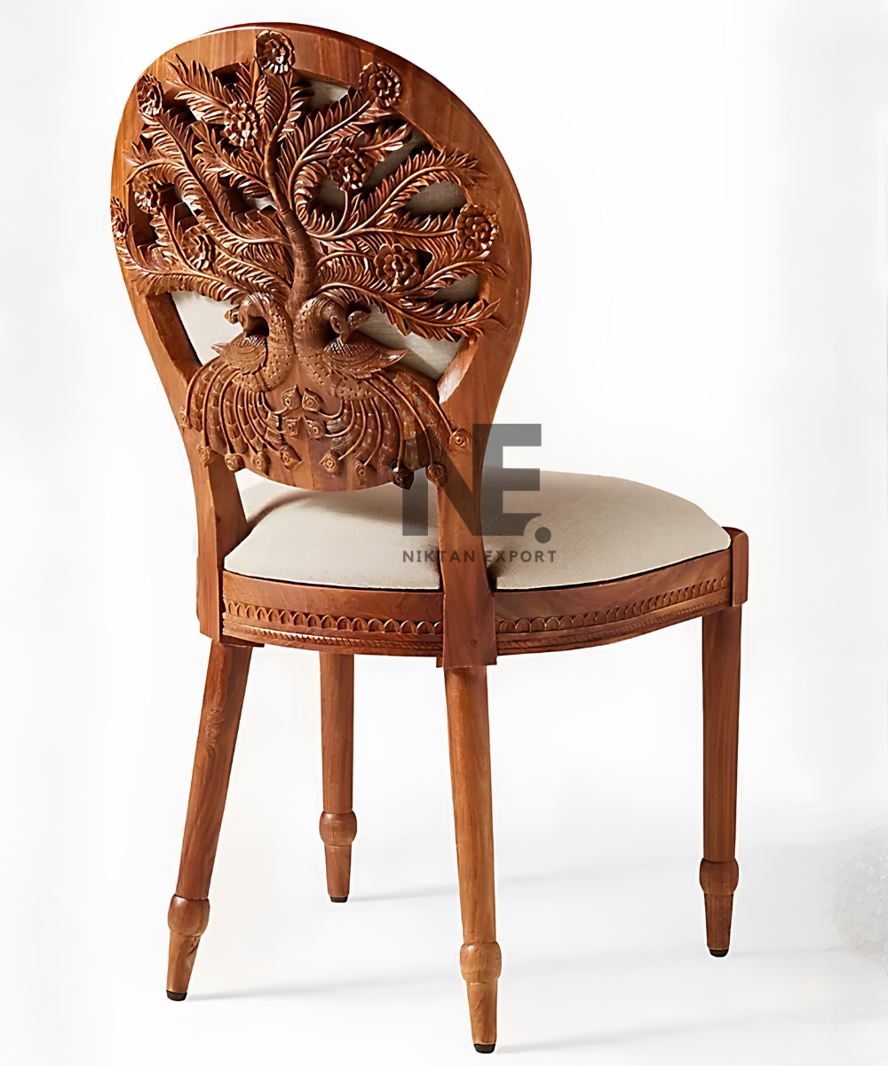 Close-up of tree and leaf carving on wooden chair