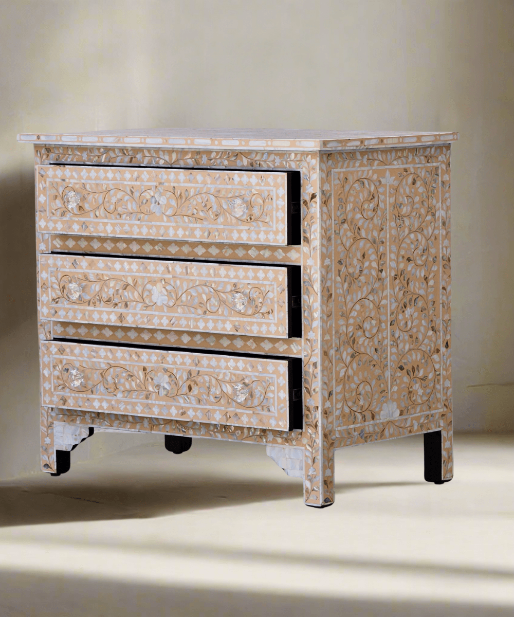 Niktan Export Apricot Beige Floral Mother of Pearl Inlay 3 Drawer Chest of Drawers - NikTan Export