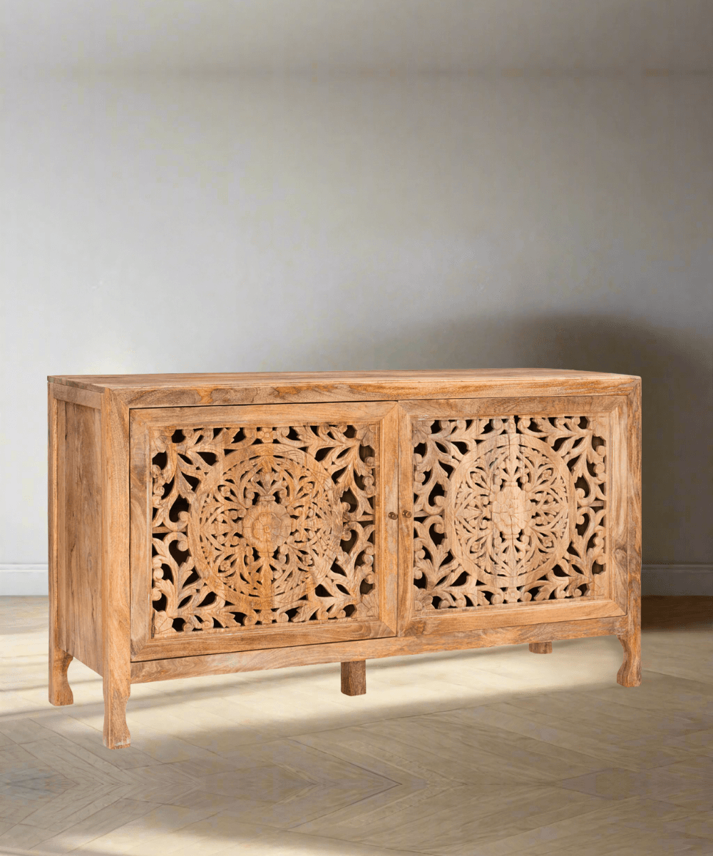 Niktan Export Solid Wood Carved Two Door Two Shelf Sideboard Cabinet - NikTan Export