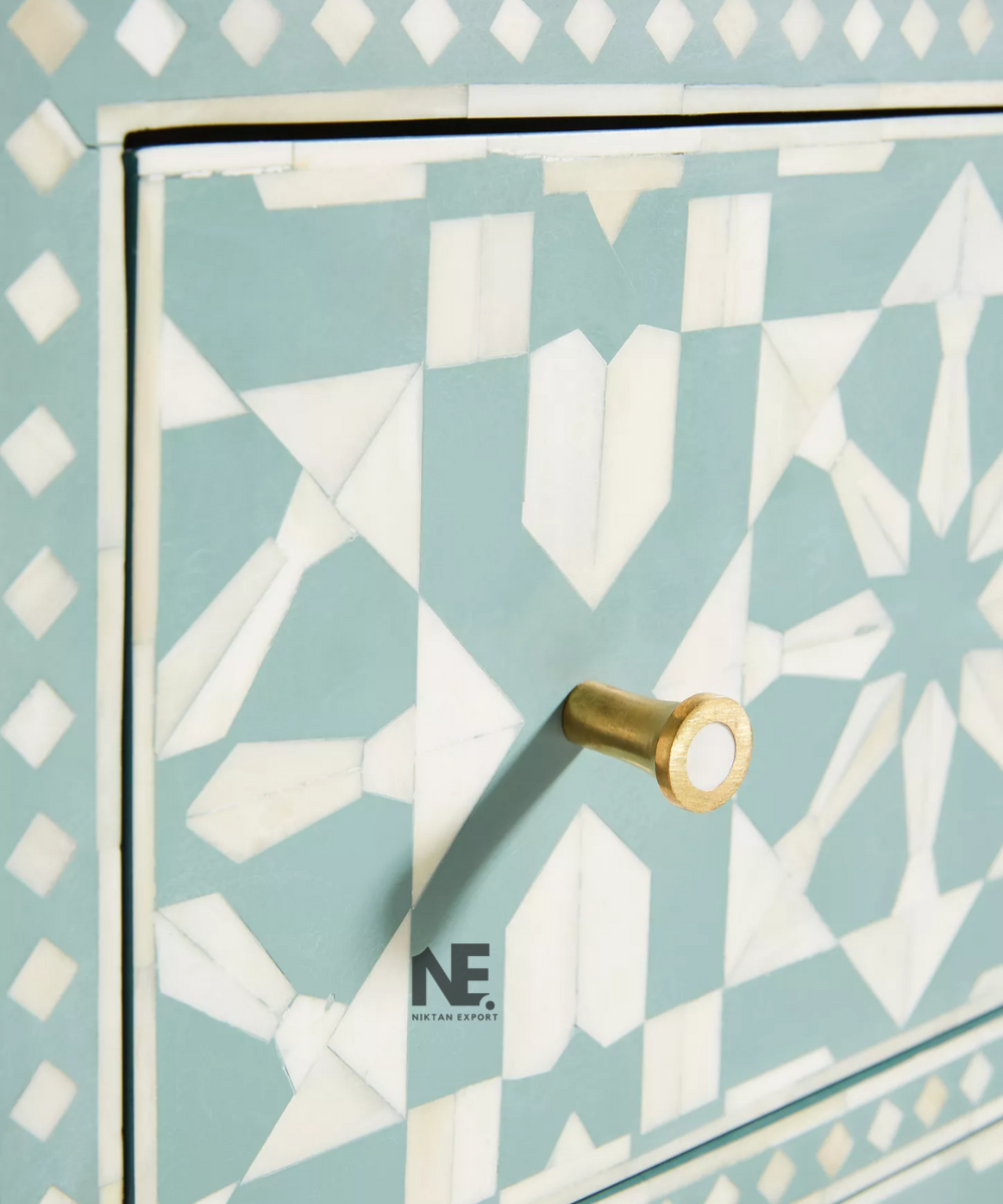 Close-up of intricate bone inlay craftsmanship