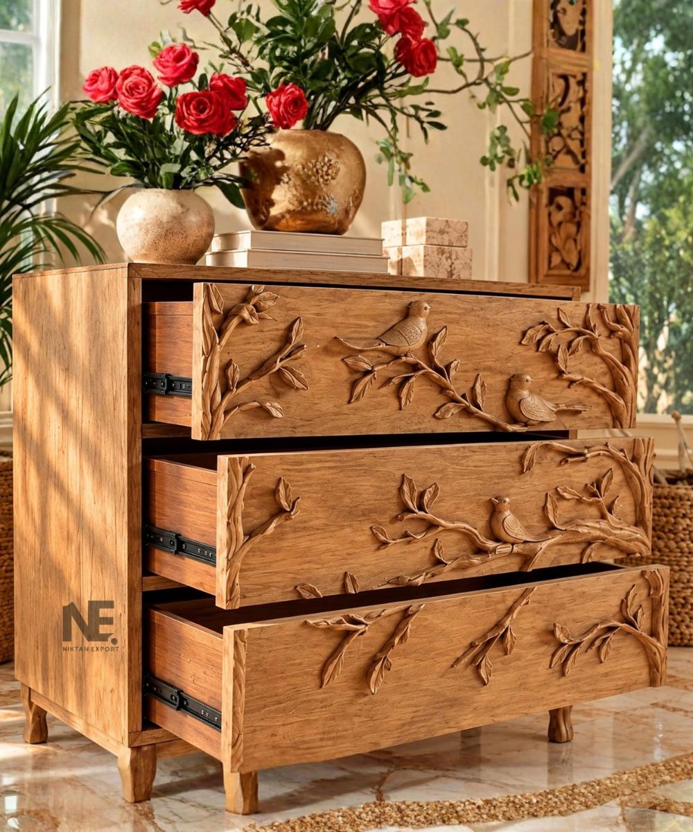 Nature-inspired hand-carved dresser