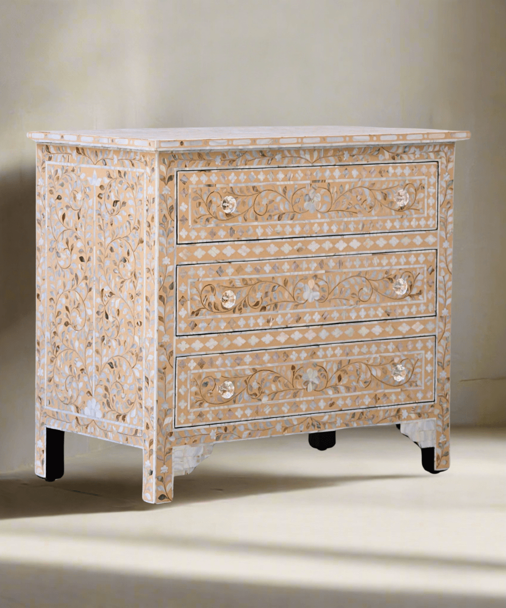 Niktan Export Apricot Beige Floral Mother of Pearl Inlay 3 Drawer Chest of Drawers - NikTan Export