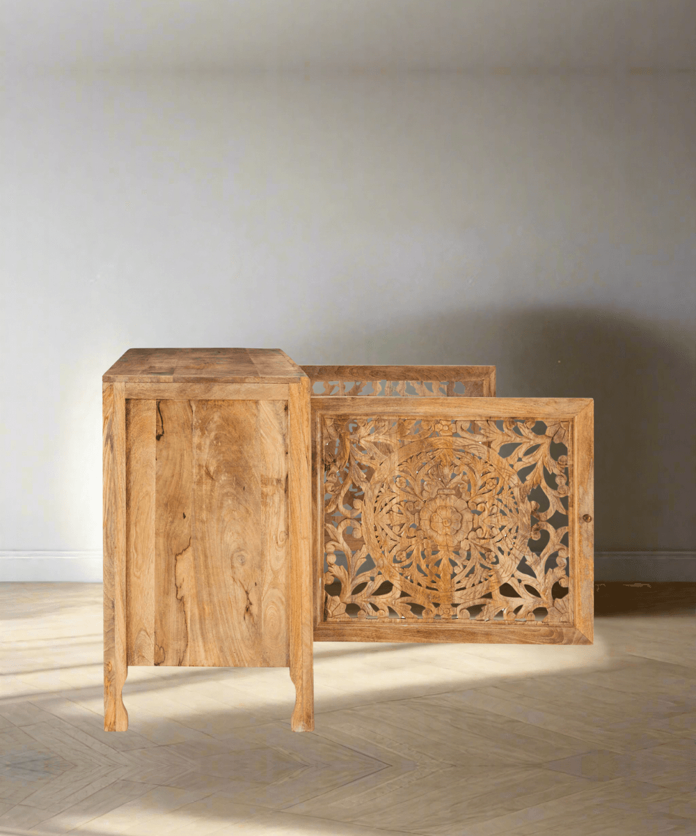 Niktan Export Solid Wood Carved Two Door Two Shelf Sideboard Cabinet - NikTan Export